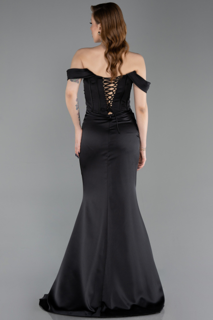 Robe Queue de Poisson Longue Satin Noir ABU6166