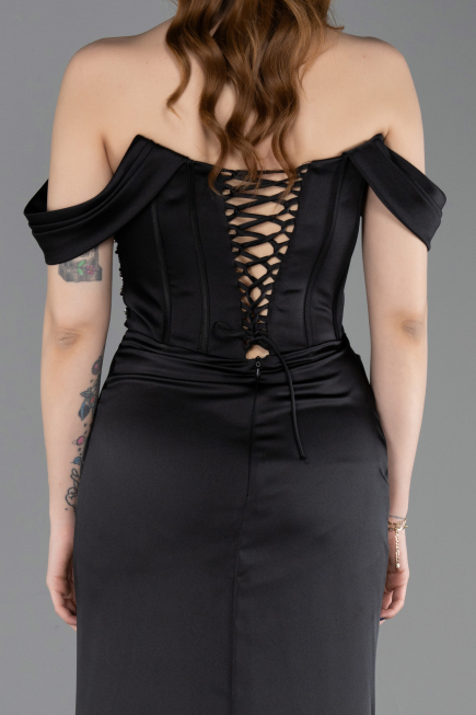 Robe Queue de Poisson Longue Satin Noir ABU6166