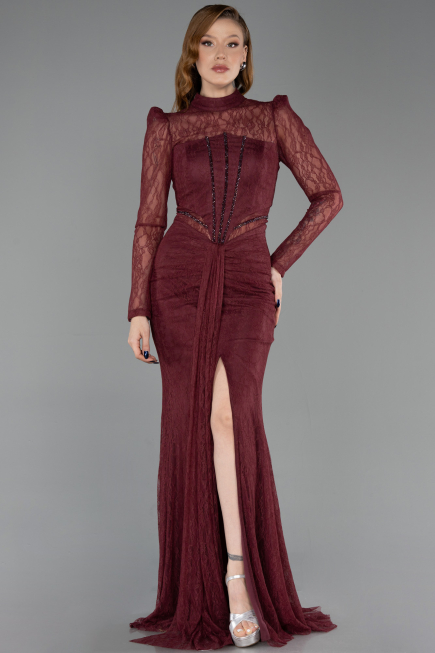 Tenue de Soirée Longue Dantelle Rouge Bordeaux ABU6169