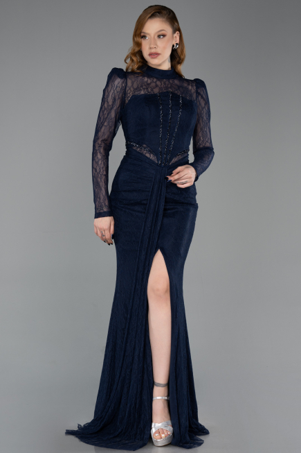 Tenue de Soirée Longue Dantelle Bleu Marine ABU6169