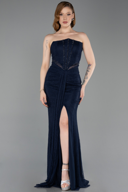 Tenue de Soirée Longue Dantelle Bleu Marine ABU6169