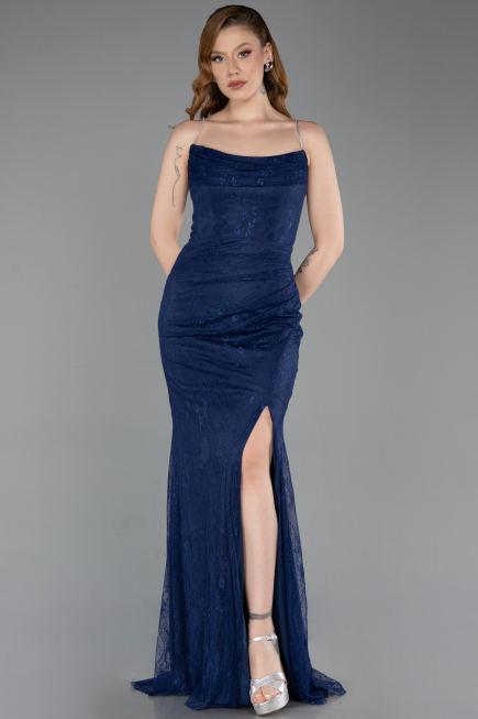 Robe de Soirée Longue Dantelle Bleu Marine ABU6172