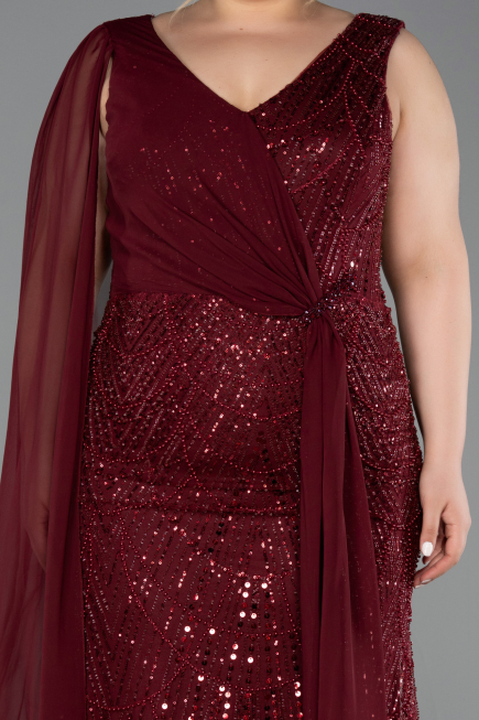 Robe De Soirée Grande Taille Longue Perlé Rouge Bordeaux ABU6133
