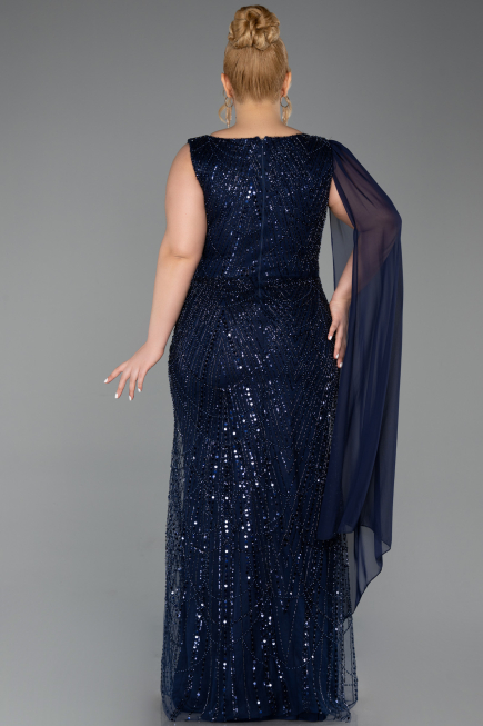 Robe De Soirée Grande Taille Longue Perlé Bleu Marine ABU6133