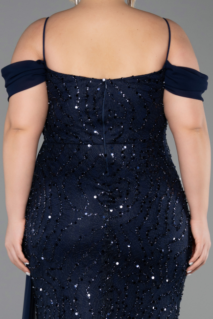 Robe De Soirée Grande Taille Longue Squameuse Bleu Marine ABU6134