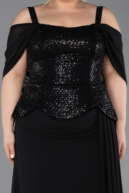 Robe de Soirée Grande Taille Longue Mousseline Noir ABU6184