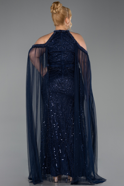 Robe de Soirée Grande Taille Longue Perlé Bleu Marine ABU6118