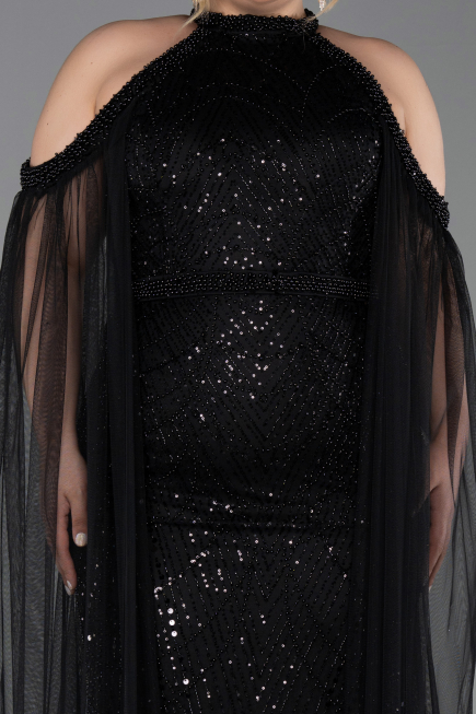 Robe de Soirée Grande Taille Longue Perlé Noir ABU6118
