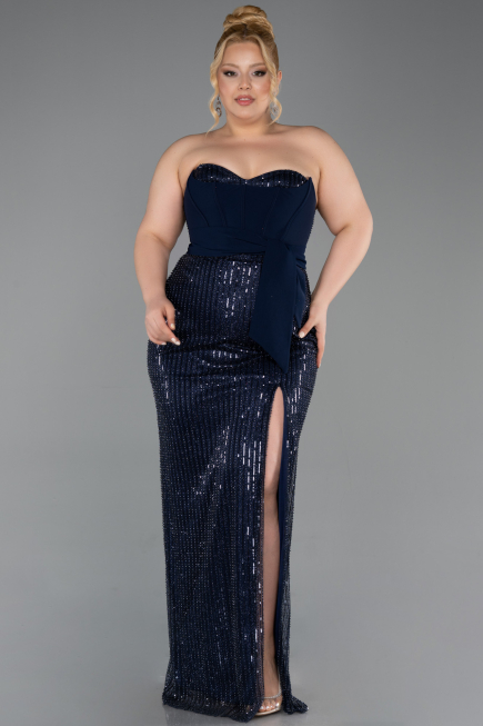 Robe de Soirée Grande Taille Longue Perlé Bleu Marine ABU5989
