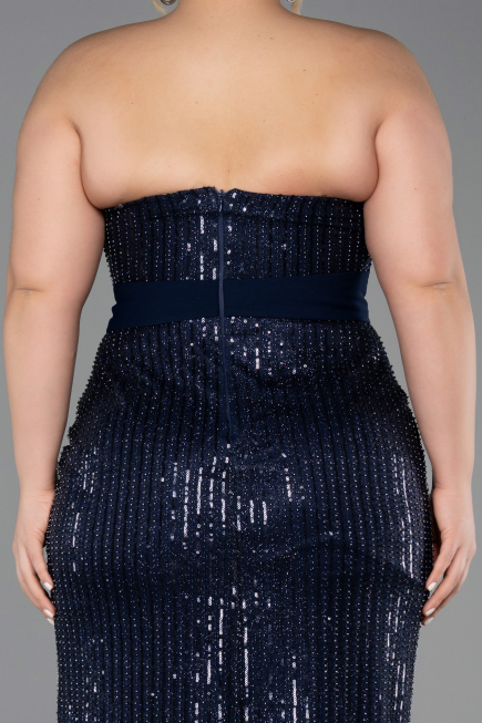 Robe de Soirée Grande Taille Longue Perlé Bleu Marine ABU5989