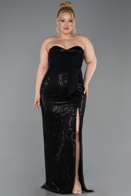 Robe de Soirée Grande Taille Longue Perlé Noir ABU5989