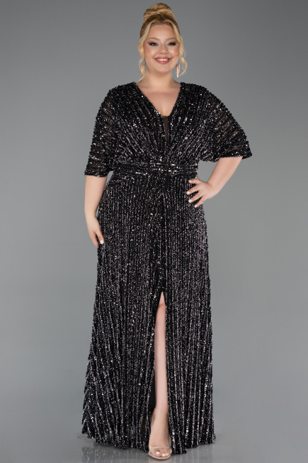 Robe De Soirée Grande Taille Squameuse Longue Noir-Argent ABU5846