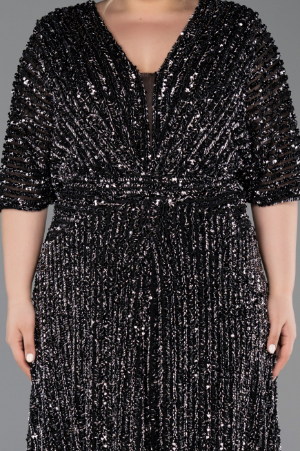 Robe De Soirée Grande Taille Squameuse Longue Noir-Argent ABU5846