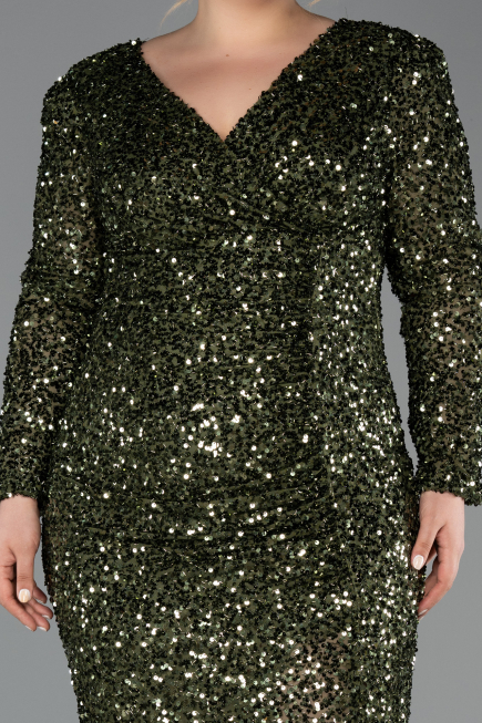 Robe de Soirée Grande Taille Longue Squameuse Kaki ABU6074