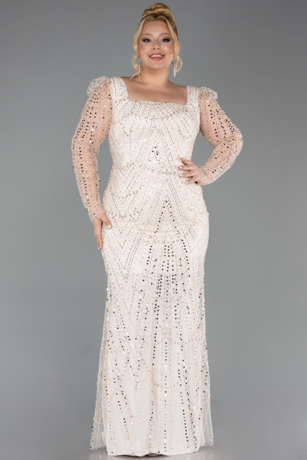 Robe De Fiançailles Grande Taille Perlé Longue Beige ABU4761