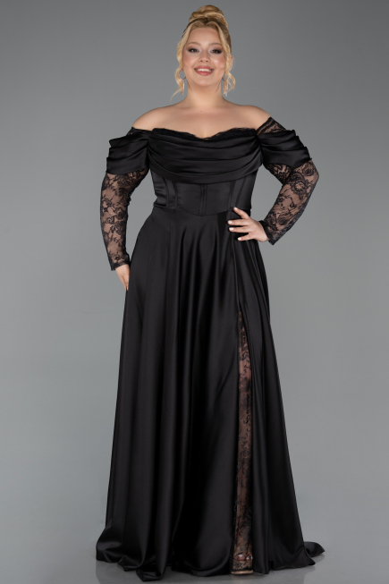 Robe Grande Taille Longue Satin Noir ABU5261