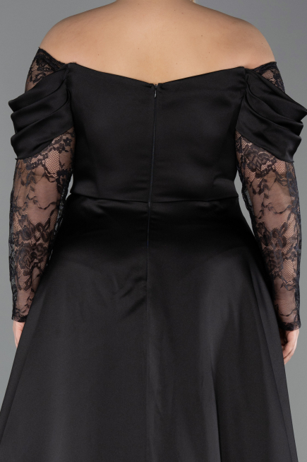 Robe Grande Taille Longue Satin Noir ABU5261