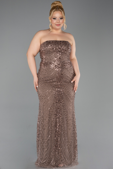 Robe de Soirée Grande Taille Longue Perlé Cuivre ABU6162