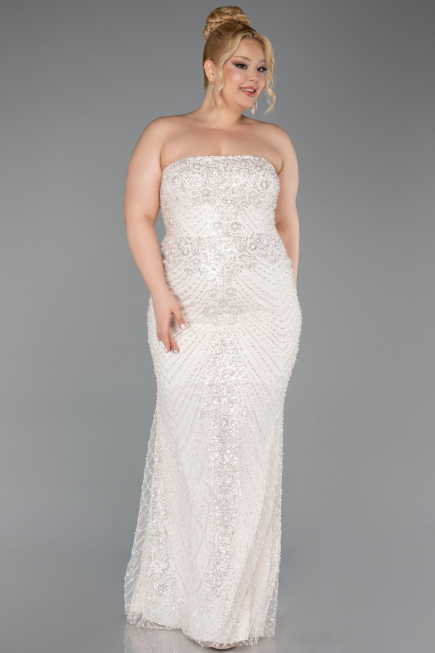 Robe de Soirée Grande Taille Longue Perlé Beige ABU6162