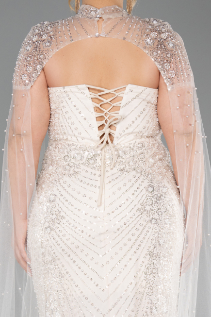 Robe de Soirée Grande Taille Longue Perlé Beige ABU6162