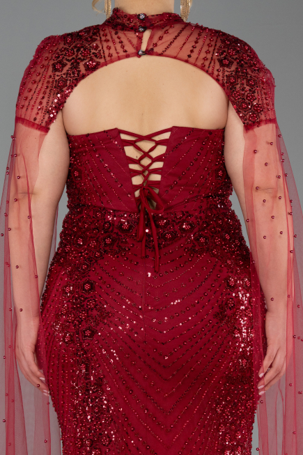 Robe de Soirée Grande Taille Longue Perlé Rouge Bordeaux ABU6162