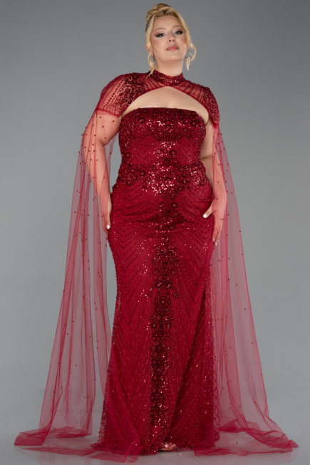 Robe de Soirée Grande Taille Longue Perlé Rouge Bordeaux ABU6162