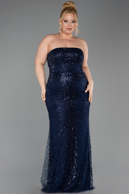 Robe de Soirée Grande Taille Longue Perlé Bleu Marine ABU6162