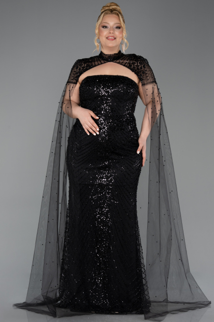 Robe de Soirée Grande Taille Longue Perlé Noir ABU6162