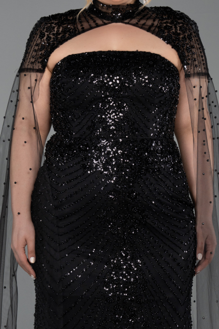 Robe de Soirée Grande Taille Longue Perlé Noir ABU6162
