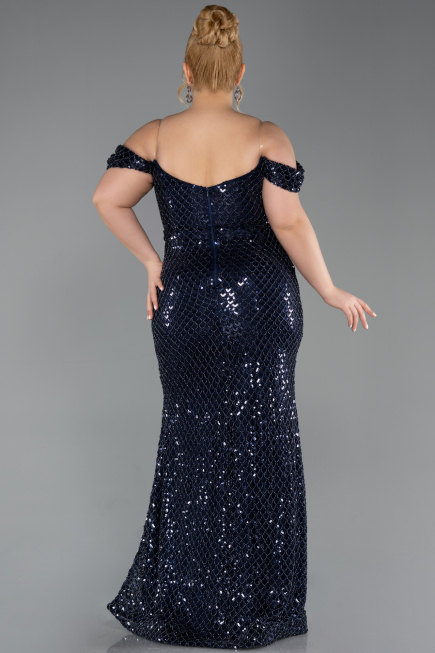 Robe De Soirée Grande Taille Longue Squameuse Bleu Marine ABU6098