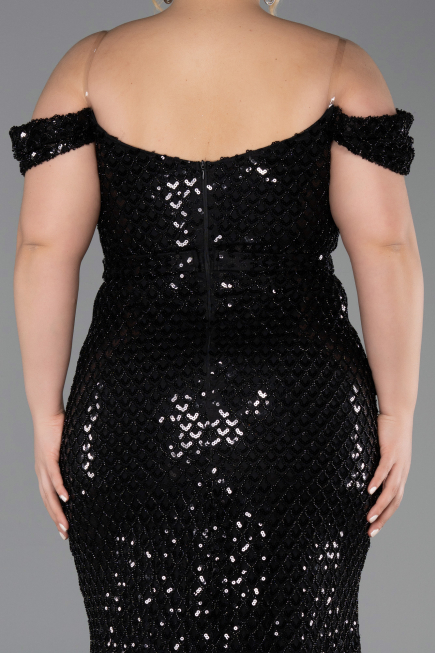 Robe De Soirée Grande Taille Longue Squameuse Noir ABU6098
