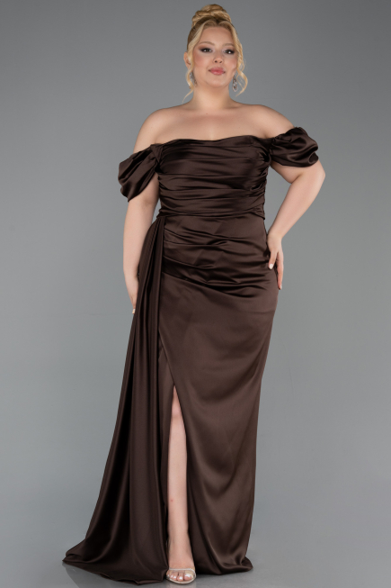 Robe De Soirée Grande Taille Satin Longue Brun ABU1626