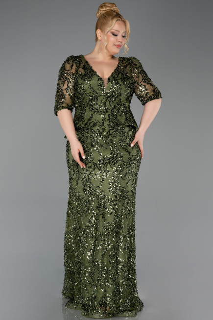 Robe de Soirée Grande Taille Longue Squameuse Kaki ABU6149
