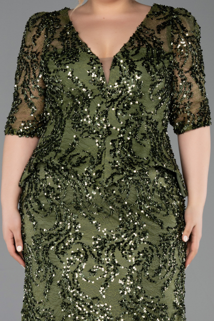 Robe de Soirée Grande Taille Longue Squameuse Kaki ABU6149