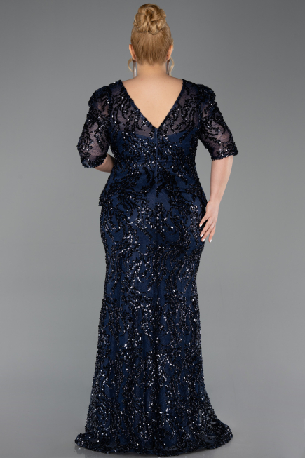 Robe de Soirée Grande Taille Longue Squameuse Bleu Marine ABU6149