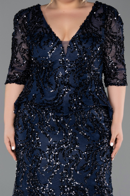 Robe de Soirée Grande Taille Longue Squameuse Bleu Marine ABU6149