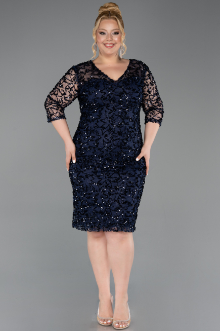 Robe De Soirée Grande Taille Midi Squameuse Bleu Marine ABK2630