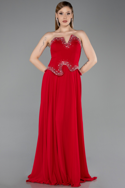 Robe de Soirée Longue Mousseline Rouge ABU6188