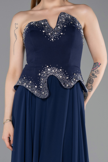 Robe de Soirée Longue Mousseline Bleu Marine ABU6188
