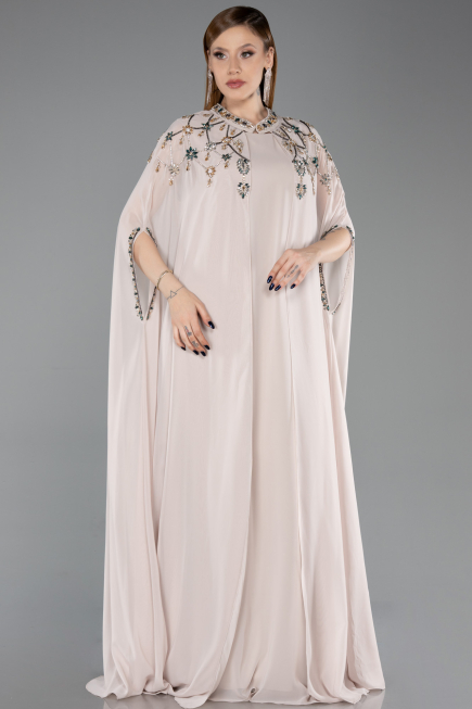 Robe De Soirée Grande Taille Longue Mousseline Beige ABU6175