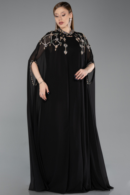 Robe De Soirée Grande Taille Longue Mousseline Noir ABU6175
