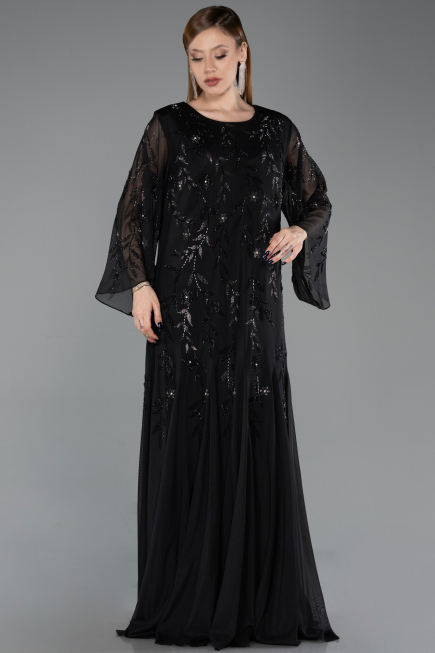 Robe De Soirée Grande Taille Longue Mousseline Noir ABU6176