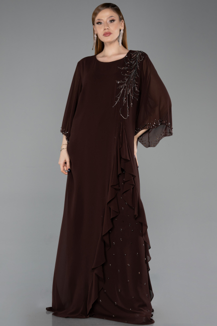 Robe De Soirée Grande Taille Longue Mousseline Brun ABU6177