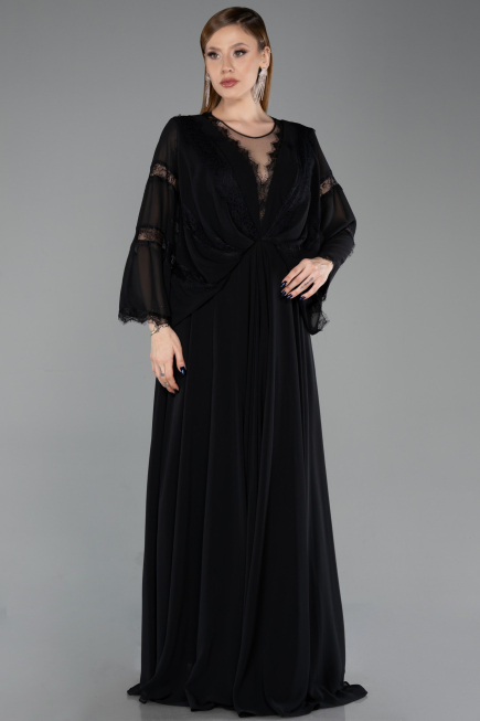 Robe De Soirée Grande Taille Longue Mousseline Noir ABU6178
