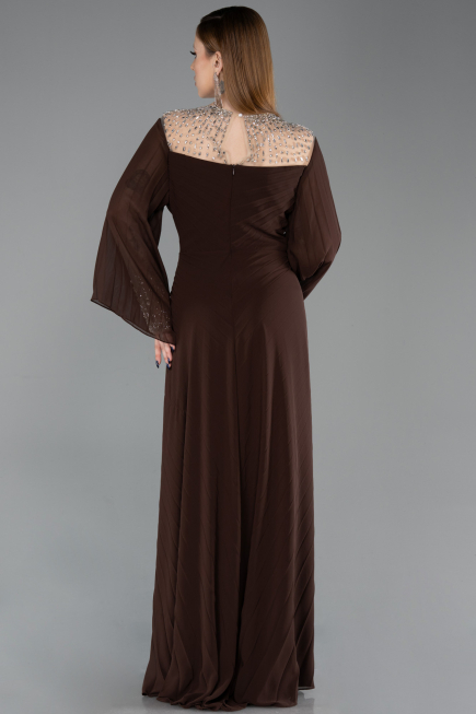 Robe De Soirée Grande Taille Longue Mousseline Brun ABU6182