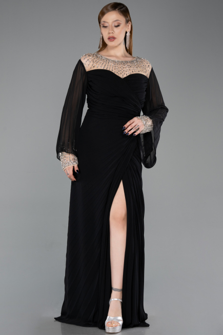 Robe De Soirée Grande Taille Longue Mousseline Noir ABU6182