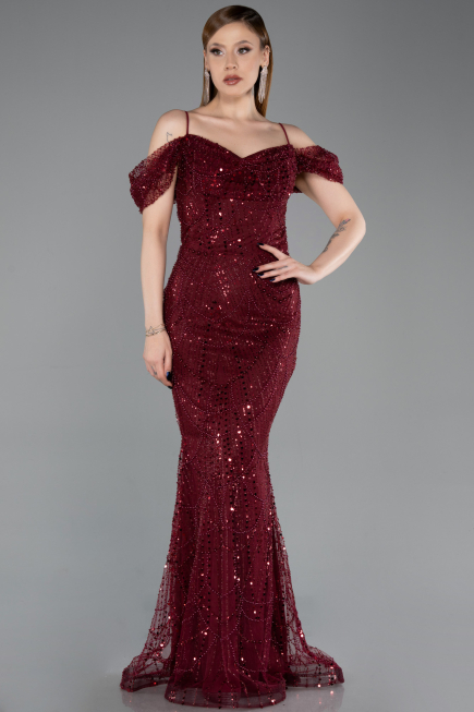 Robe de Soirée Longue Perlé Rouge Bordeaux ABU6190