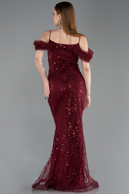 Robe de Soirée Longue Perlé Rouge Bordeaux ABU6190