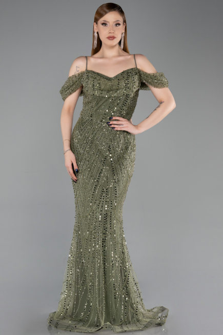 Robe de Soirée Longue Perlé Kaki ABU6190