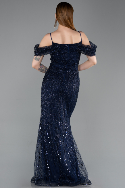 Robe de Soirée Longue Perlé Bleu Marine ABU6190